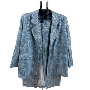 Boohoo Light Blue Sequin Tweed Jacket & Skirt Set – Oversized Blazer Midi Skirt